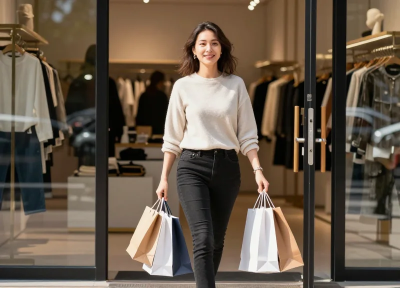 A happy customer walking through a store exit with shopping bags, no visible security barriers, showing frictionless shopping