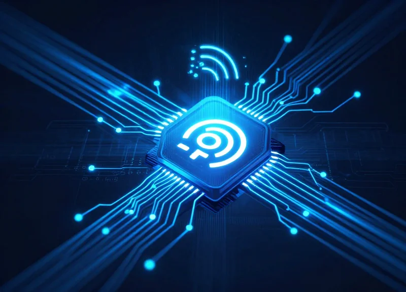 High-tech visualization of a dual-technology security label with RFID integration.
