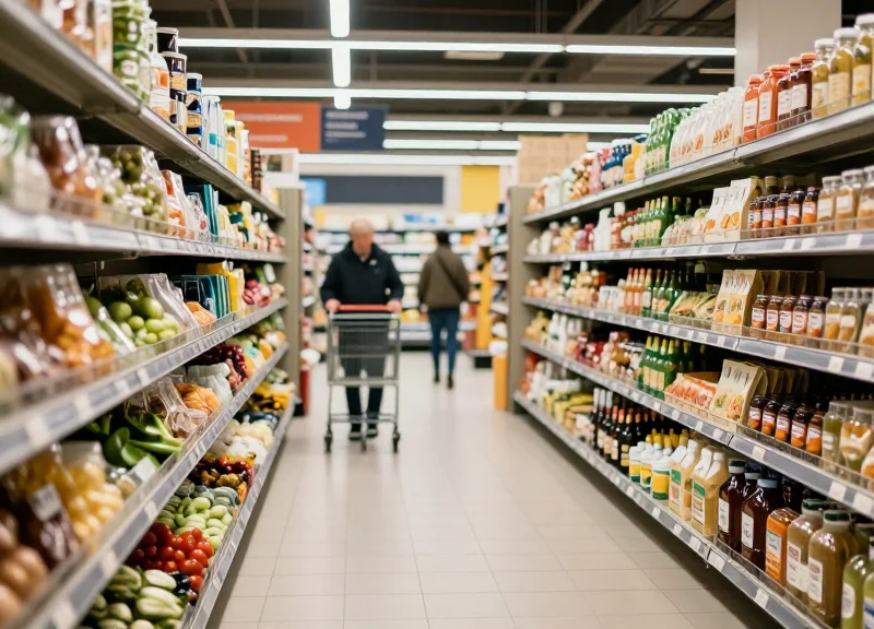 Wide shot of a modern, busy grocery store aisle with shoppers and stocked shelves