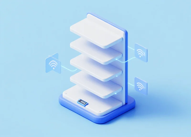 Isometric 3D model of a smart retail shelf with ESL and RFID integration