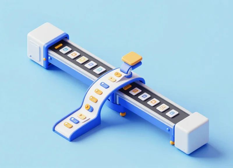 Isometric 3D view of an automated warehouse line applying security labels to retail products.