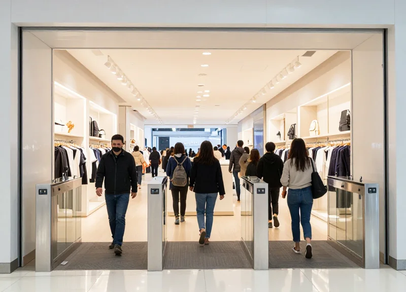 The entrance of a modern retail store equipped with discreet and elegant security pedestals.