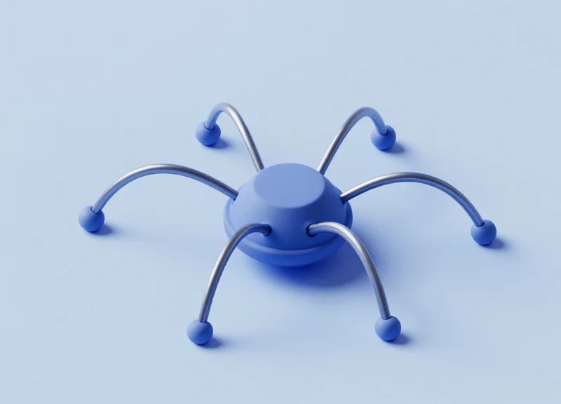 Isometric 3D model of a high-tech spider wrap security device showing its internal locking core and retractable cables.