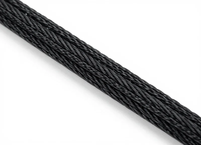 Close-up macro shot of a reinforced steel security cable with a protective coating.