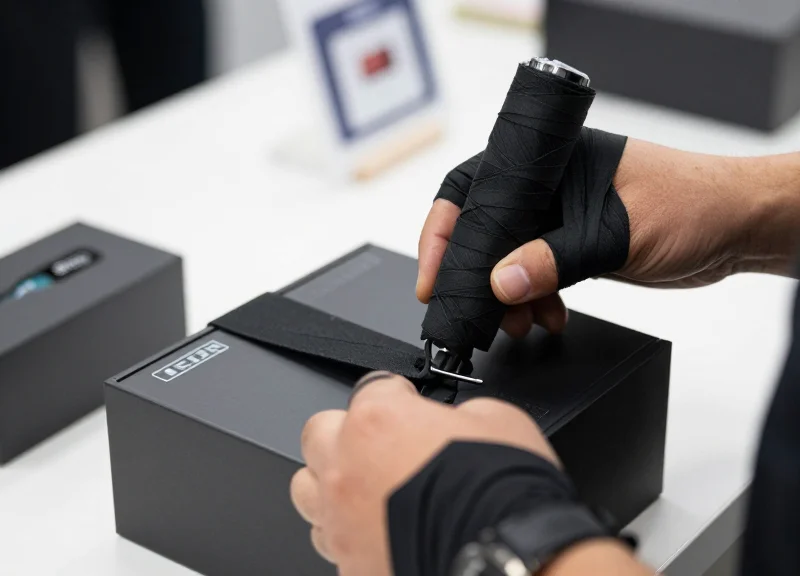 A retail worker's hands easily tightening a spider wrap onto a premium boxed product.