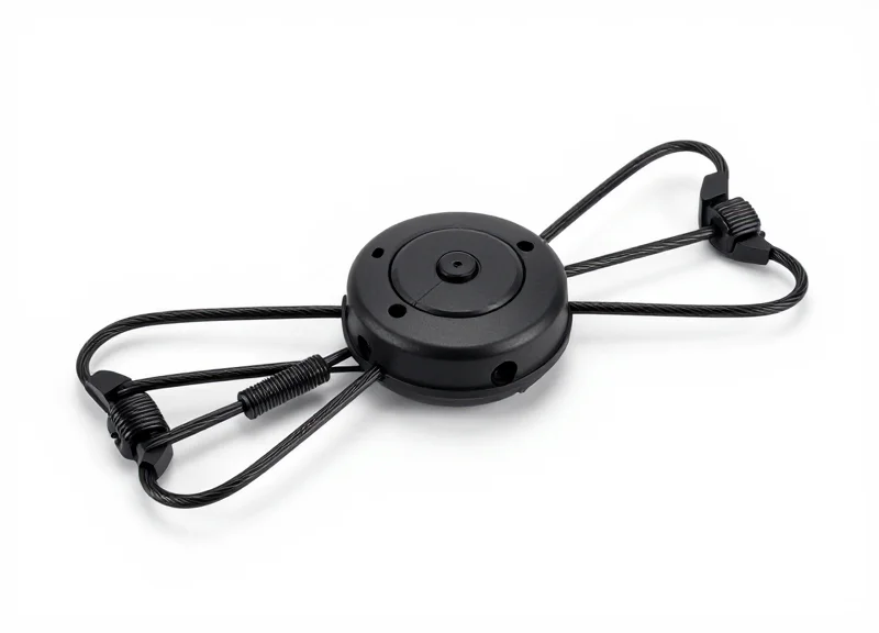 A professional studio shot of a black self-alarming spider wrap security device with multi-strand steel cables.