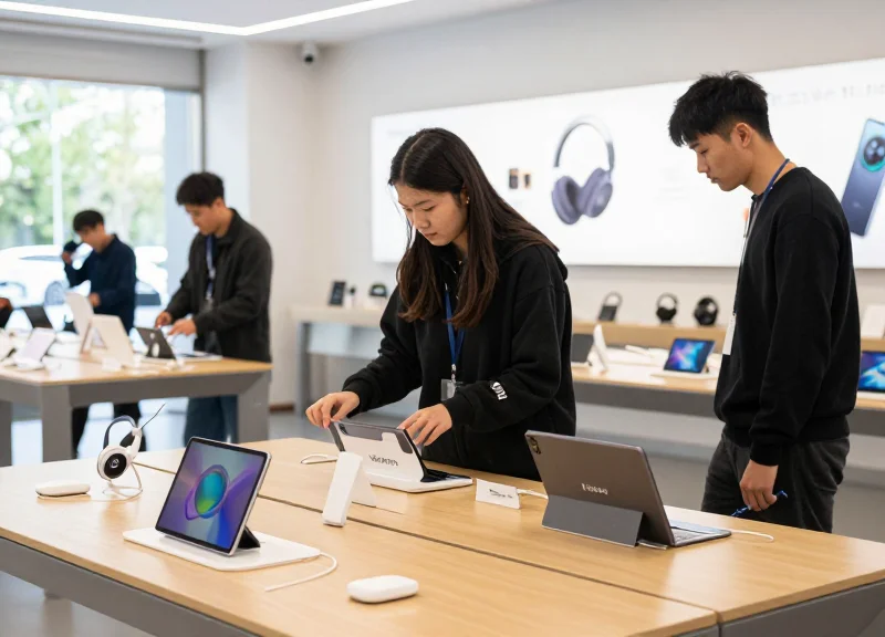 A high-end electronics store where customers can freely touch and interact with products on open display tables.