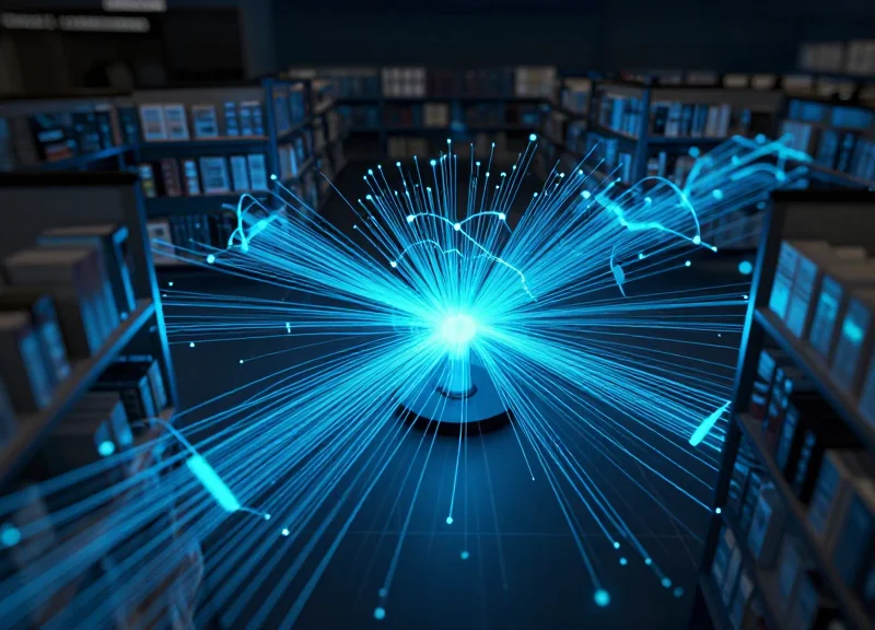 Futuristic retail store outline with glowing data streams representing loss intelligence and real-time monitoring.