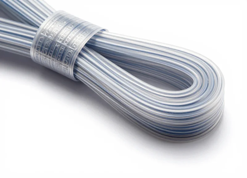 Detail shot of a plastic-coated steel security lanyard