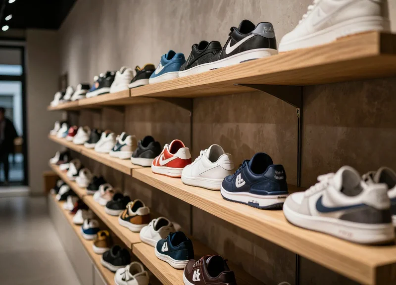 A wide-angle shot of a modern shoe retail environment with blurred shoppers, emphasizing inventory management