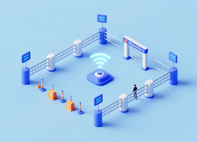 An isometric 3D model of a retail security network with connected server and tag nodes