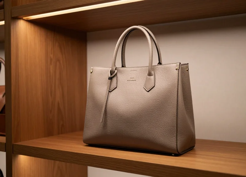 A luxury handbag with a security lanyard properly attached to its strap.