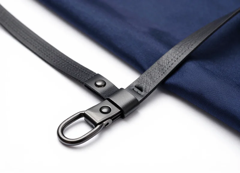 A close-up of a protective security lanyard resting on high-quality leather and silk fabric.
