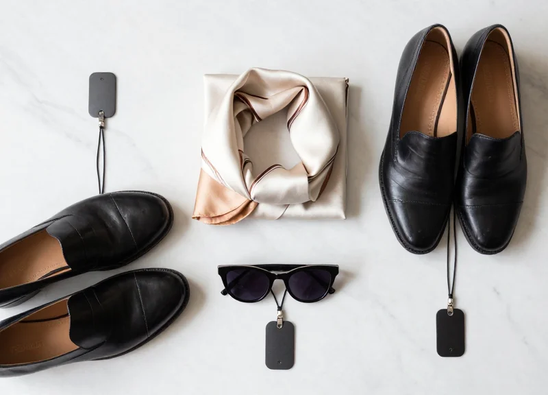 Flat lay of luxury retail items like silk scarves, designer shoes, and sunglasses with discreet security lanyard tags.