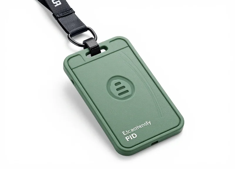 A single eco-friendly RFID lanyard tag made of recycled matte plastic on a pure white background.