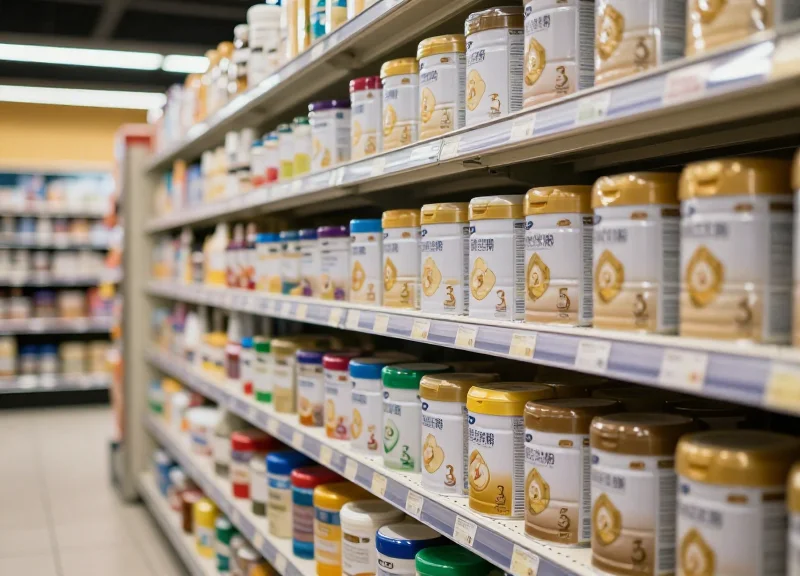 A modern high-end grocery store aisle in 2026 featuring shelves of baby formula with cinematic lighting.