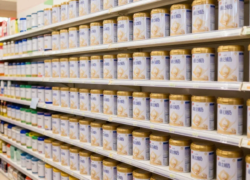 A clean and organized grocery shelf display showing milk powder cans with integrated security hardware.