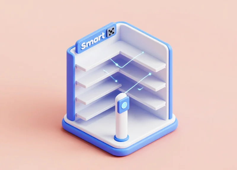 Isometric 3D model of a smart shelf system integrating electronic shelf labels and security sensors.
