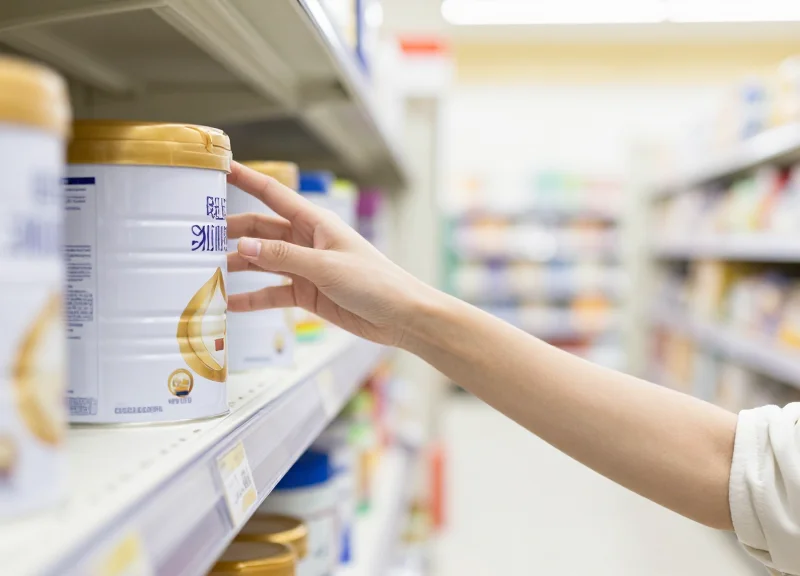 A customer comfortably selecting a milk powder can from a supermarket shelf.
