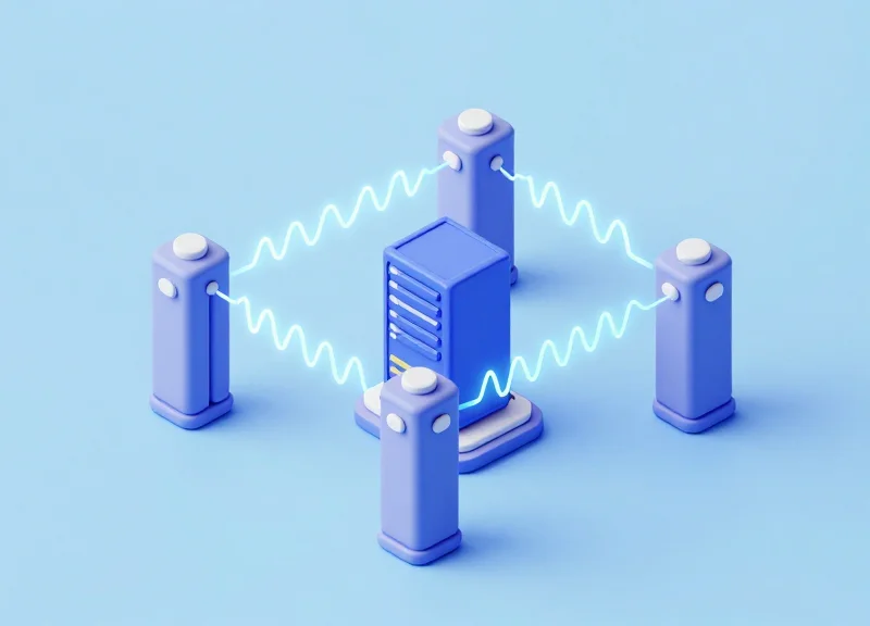 Isometric 3D model showing a store entrance with security gates and RF signal connections.