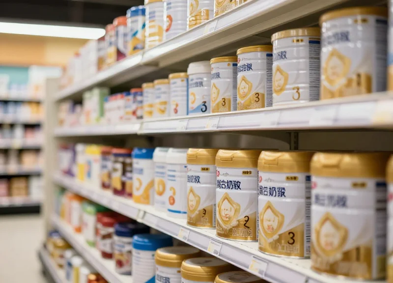A modern premium supermarket aisle with high-value infant formula products on display.
