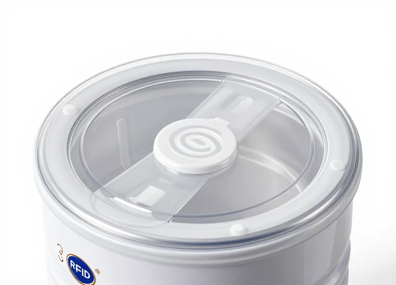 A modern transparent RFID-integrated milk powder lid protector.