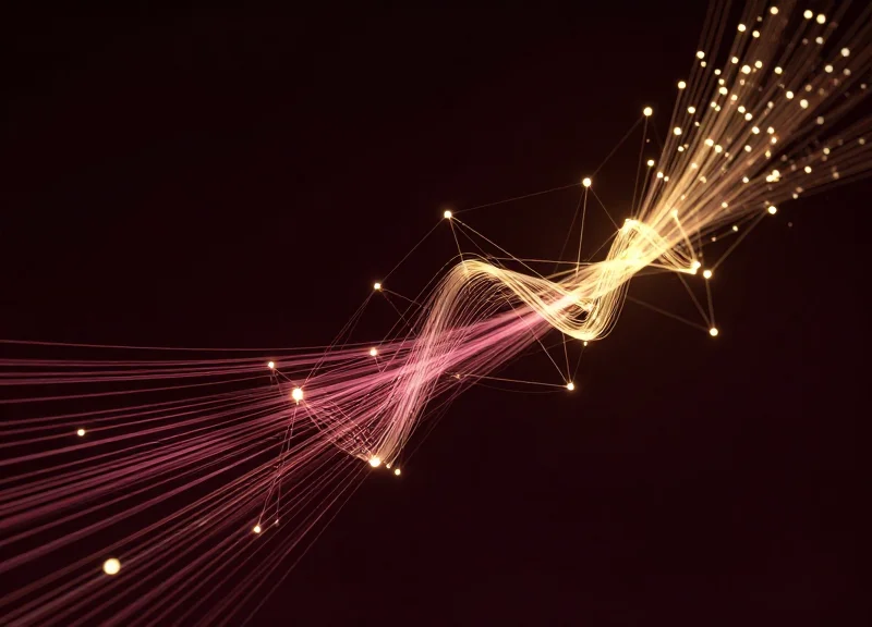 Futuristic abstract visualization of wine security trends with flowing data streams and digital nodes.