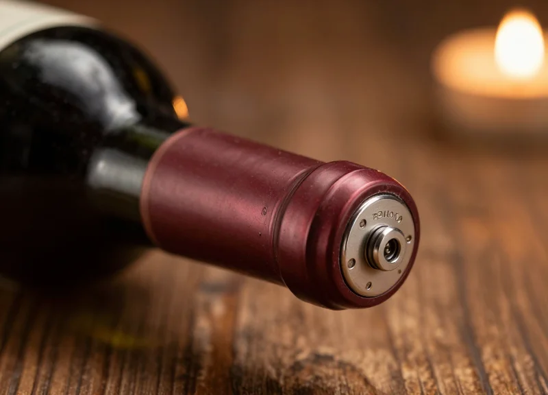 Close-up of a premium wine bottle neck with a non-damaging security lock in an elegant cellar setting.