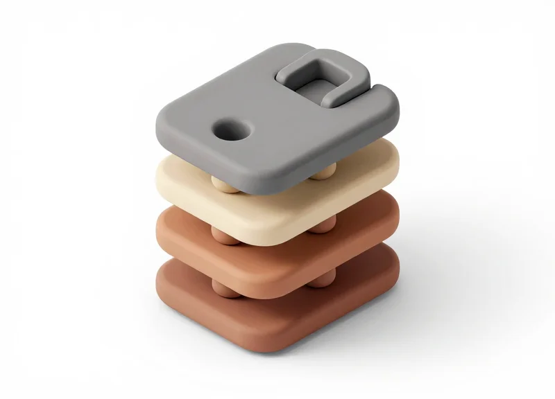 Isometric 3D model showing the internal mechanics and layered structure of a modern wine bottle security lock.