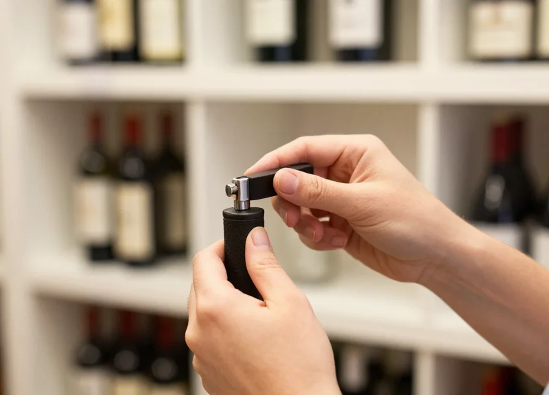 Close-up of a retail staff member's hands professionally applying a security lock to a wine bottle.