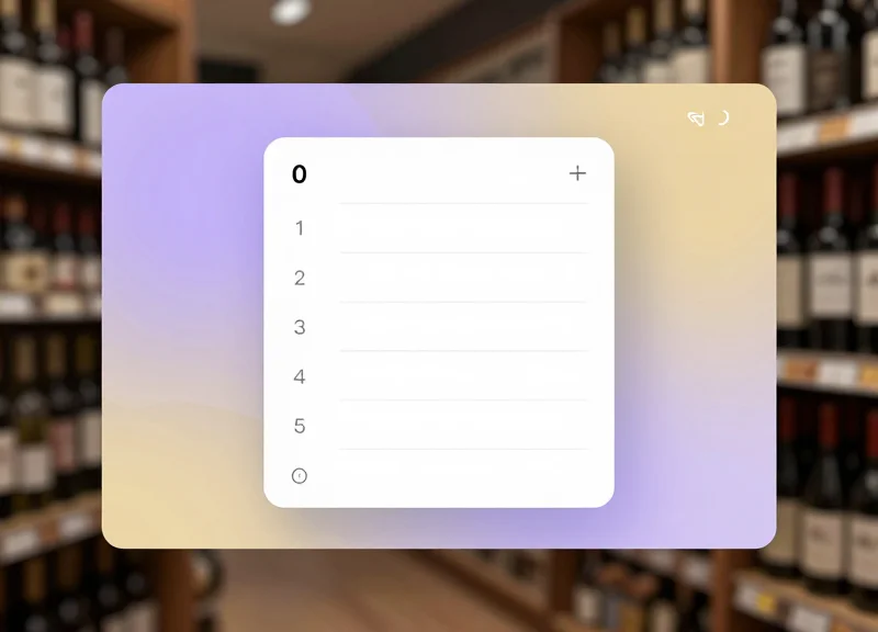 A modern digital interface mockup representing a wine inventory tracking system with glassmorphism effects.