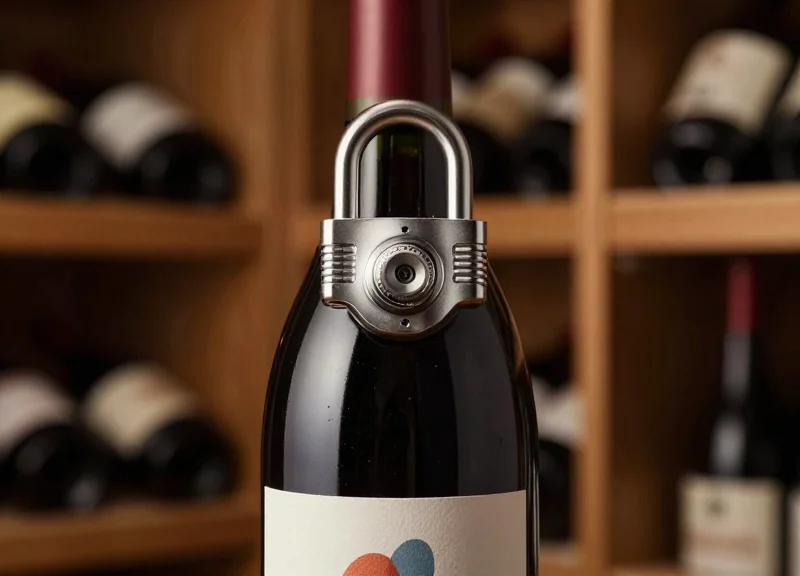 A close-up of a modern, sleek security lock attached to the neck of a premium wine bottle in a sophisticated, dimly lit cellar.
