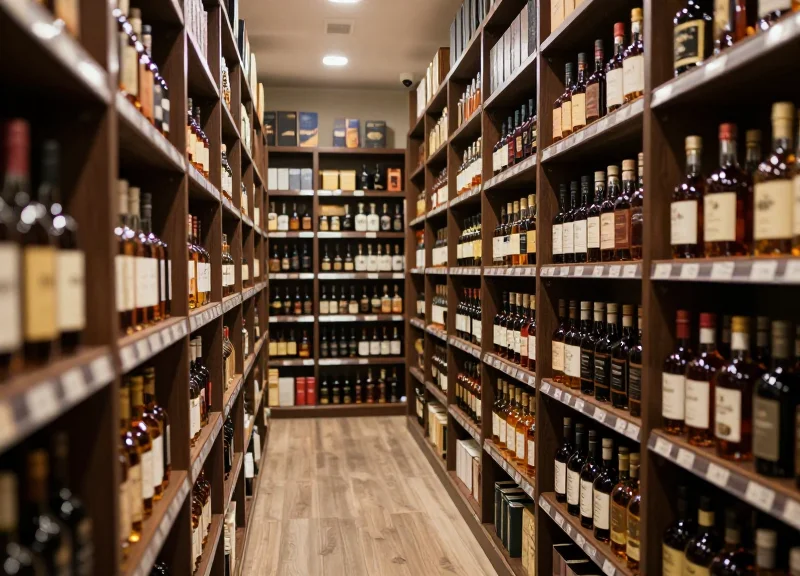 Wide shot of a modern liquor store aisle with premium spirits and surveillance feel