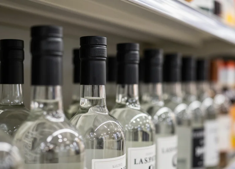 Rows of liquor bottles with visible security tags as a deterrent