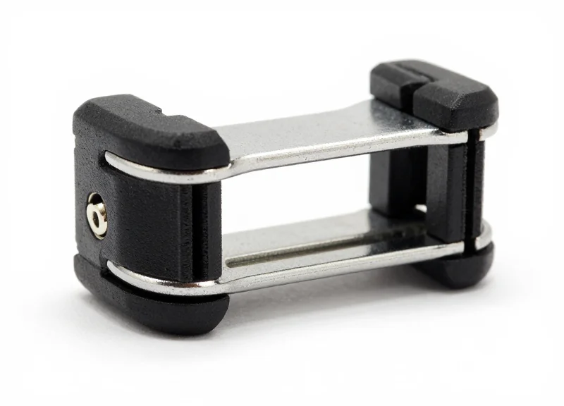 Macro detail shot of durable polymer and alloy materials of a security clamp