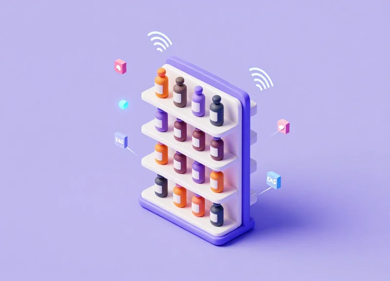 Isometric view of a retail environment showing wireless signals connecting bottle clamps to an RFID system