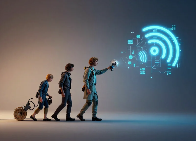 Surrealism art representing the evolution of security technology, transitioning from traditional mechanical components to glowing digital RFID networks.