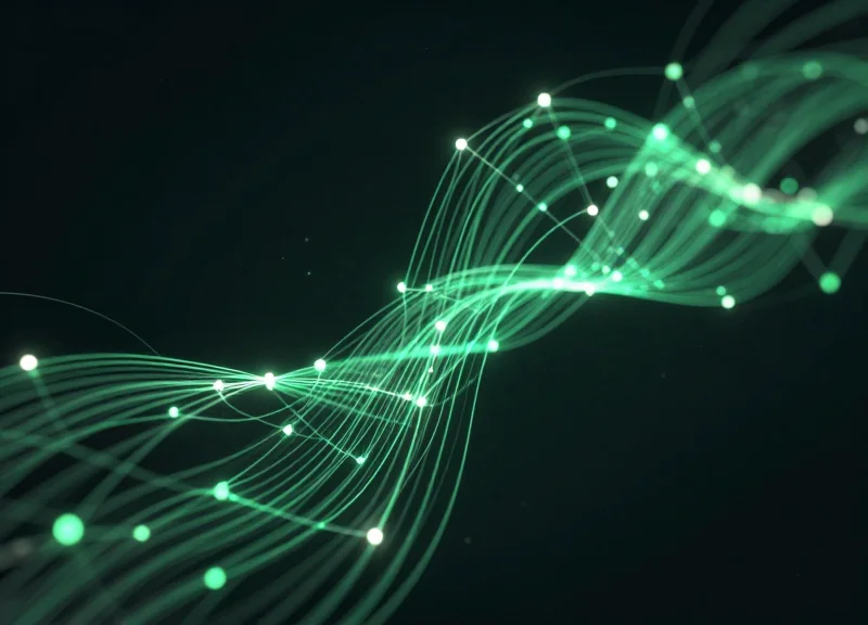 Abstract data visualization with glowing green and white nodes signifying high precision and scanning accuracy.