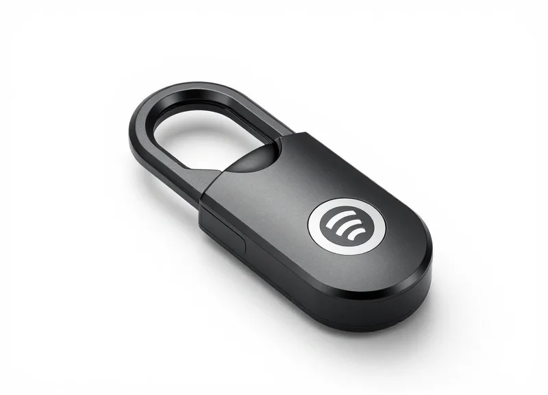 Professional studio shot of a sleek RFID integrated bottle lock with a matte finish on a pure white background.