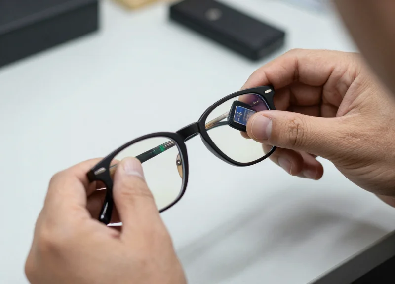 An optical technician installing a non-damaging security tag on a pair of designer frames.