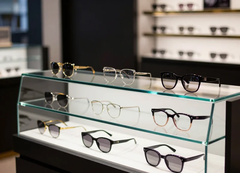 A luxury eyewear boutique display showing designer frames on backlit glass shelves.
