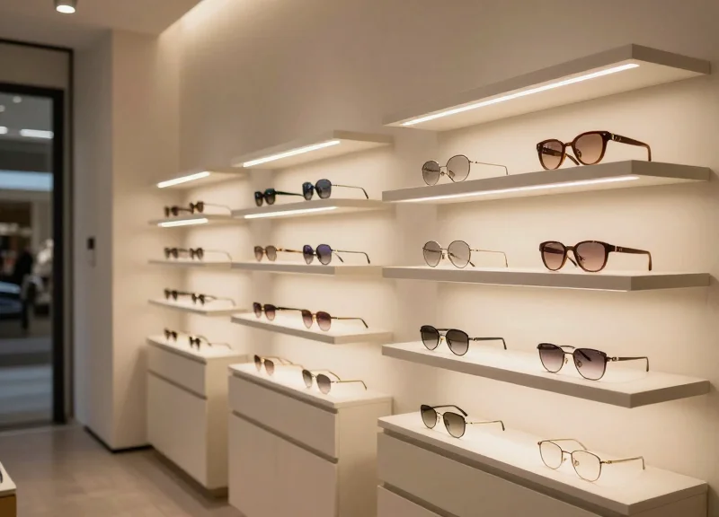 A modern, high-end optical boutique with designer eyewear displayed on illuminated shelves.