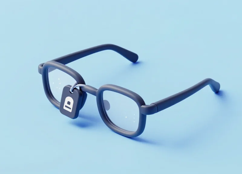 Isometric 3D model of a pair of glasses with a high-tech security tag attached to the frame.