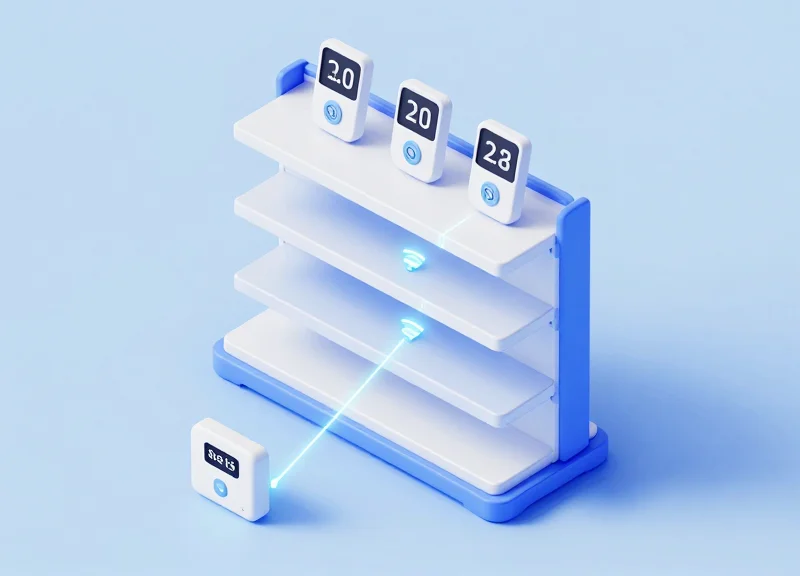 Isometric 3D model of an integrated retail security and inventory system.