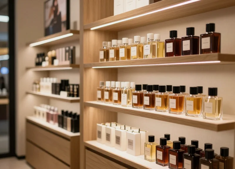 Modern high-end retail store interior with premium products on shelves and visible security measures.