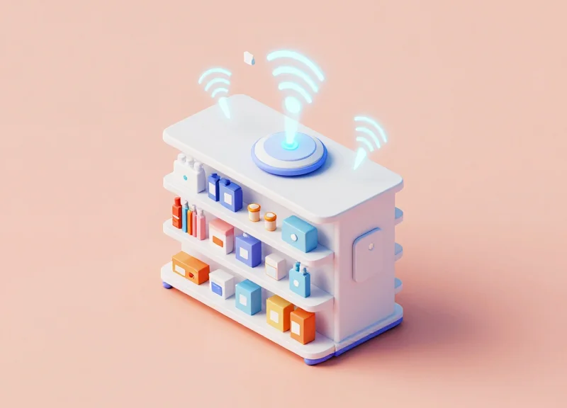Isometric 3D illustration of a retail security system with RFID signals communicating with a central database.
