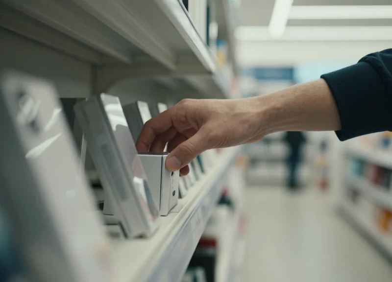 A close-up of a hand reaching for high-value merchandise on a retail shelf in a store setting.
