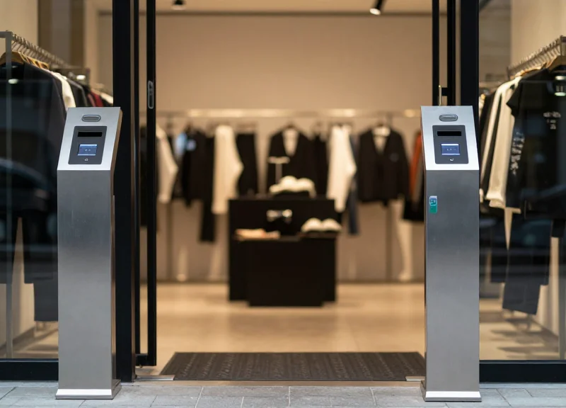 Traditional EAS detection pedestals at a retail store entrance