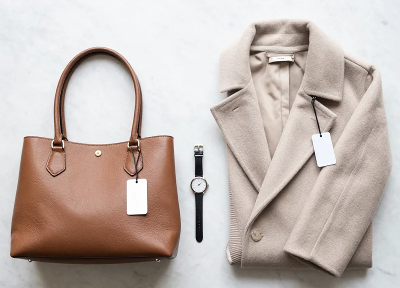 A top-down view of luxury items like a watch, a handbag, and outerwear with security tags attached.