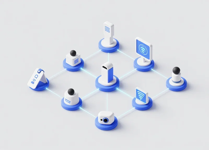Isometric view of a retail technology ecosystem showing integrated data connections between tags and scanners.